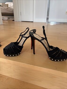 Christian Louboutin Black Suede Studded Slingback Heels with Red Sole